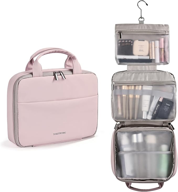 Greenfeather Hanging Travel Toiletry Bag for Women, Compact Yet Spacious Makeup & Cosmetic Organizer with Multiple Compartments, Waterproof Portable Bag for Short Trips & Weekend Travel (Rose Pink)
