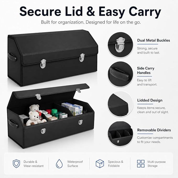Car Trunk Organizer with Lid,Foldable Faux Leather Cargo Storage Box,3 Compartments,Collapsible Multi-Functional for SUV,Sedan,Vehicle Trunk, Black
