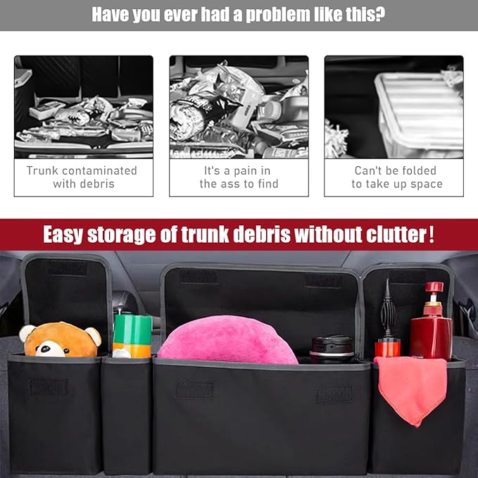 Yourkar Car Trunk Organizer, Oxford Backseat Storage Bag with 4 Pockets, Waterproof Adjustable Large Capacity Hanging Collapsible Bag for Most Vehicles, Universal Car Accessories