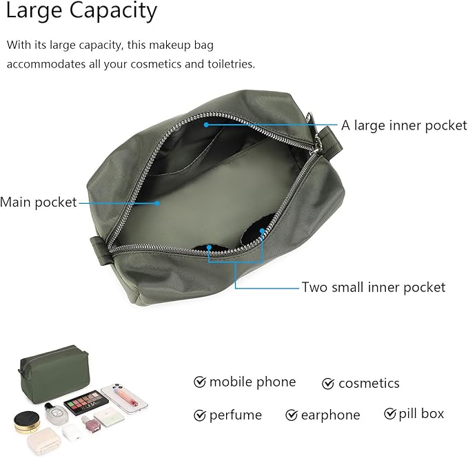 Organizer Bag Lightweight Cosmetic Bag with Ring Clasp Perfect Travel Makeup Bag for Women nylon Stand Up Design (Army Green/Nylon)