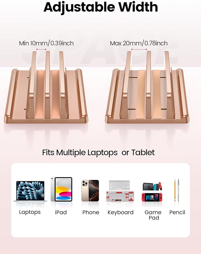 Vaydeer Vertical Laptop Stand for Desk, Dual Slots Plastic Laptop Holder with Space Saving 4-in-1 Design, Adjustable Laptop Stand Supports MacBook, Chromebook, Surface, Dell (Rose Gold)
