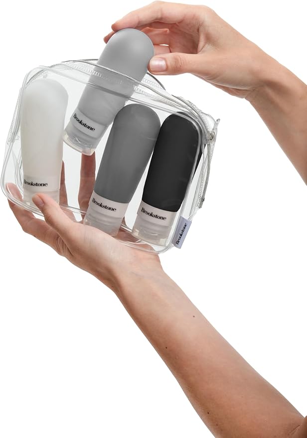 Brookstone Travel Bottles for Toiletries - 4 Pack 3.4 oz TSA Approved Leak Proof Refillable Silicone Travel Size Containers, Grey Black