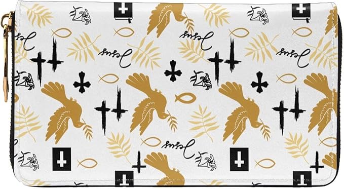 Jesus Cross Leather Wallet Phone Credit Card Money Holder with Many Rooms Zipper Purse for Women Men