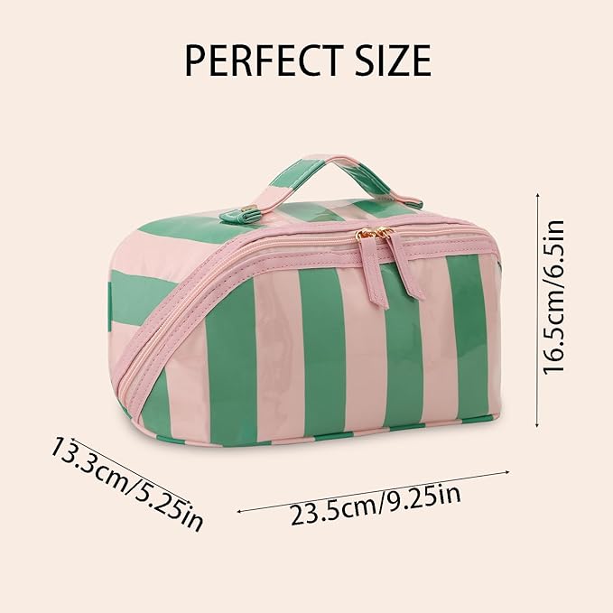 DYSHAYEN Stripe Travel Makeup Bag with Compartments Clear Coated Cosmetic Bag for Women, Waterproof Portable Open Flat Toiletry bag （Pink-Green）
