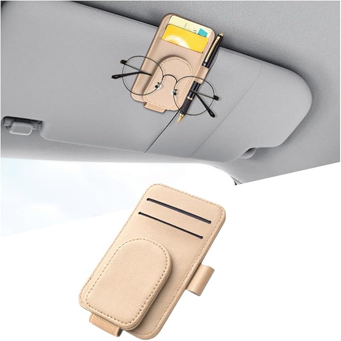 Car Sun Visor Organizer, Magnetic Leather Auto Sunglass Card Pocket Holder for Registration & Drving License, Vehicle Interior Glasses Clip Accessories, Universal for SUV Sedan Truck (Apricot)