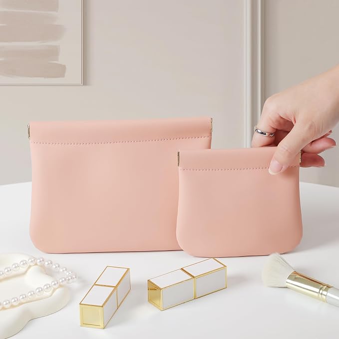 2 Pack Small Makeup Bag for Women, New Organosilicon Super Fiber PU Leather Mini Cosmetic Bag for Travel, Coin Purse Organizer Storage Pouch (No Phrase Printed, Pink)