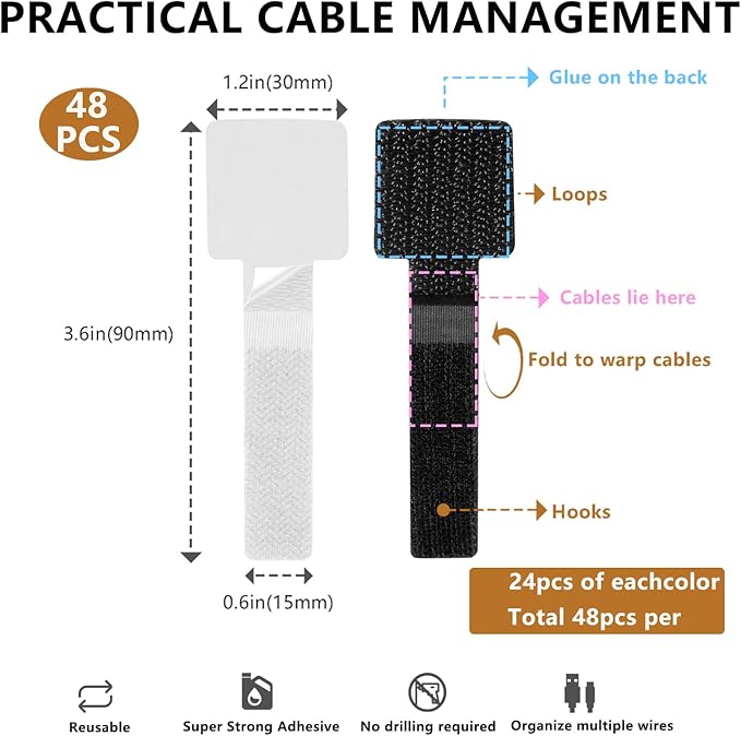 48Pcs Upgraded Under Desk Cable Ties - Self Adhesive Sticky Back Hook and Loop Straps, Wire Cord Management Organizers for Home Office