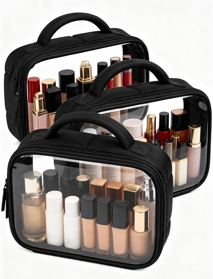 Moyad TSA Approved Clear Toiletry Bag, Quart Size 3-1-1 Liquids Pouch with Soft Handle, Wide Opening Transparent Makeup Organizer for Carry On Travel, Lightweight for Women Men (Black-3pcs)