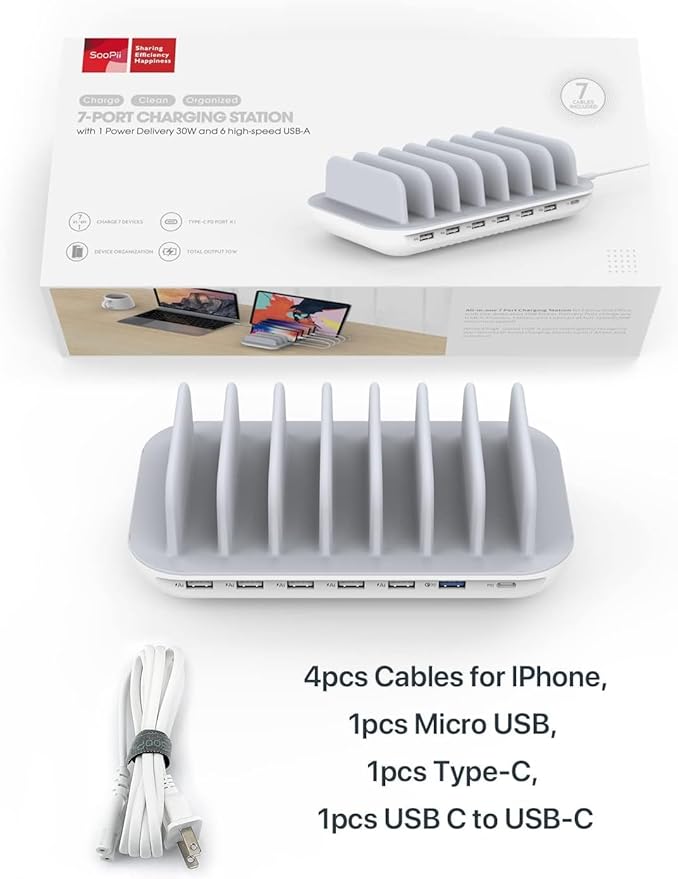 SooPii 70W 7 Port Charging Station for Multiple Devices,Charger Station with One 30W Power Delivery Port for Laptops,and 6 USB Ports for Smart Phones,Tablets,Other Electronics, White