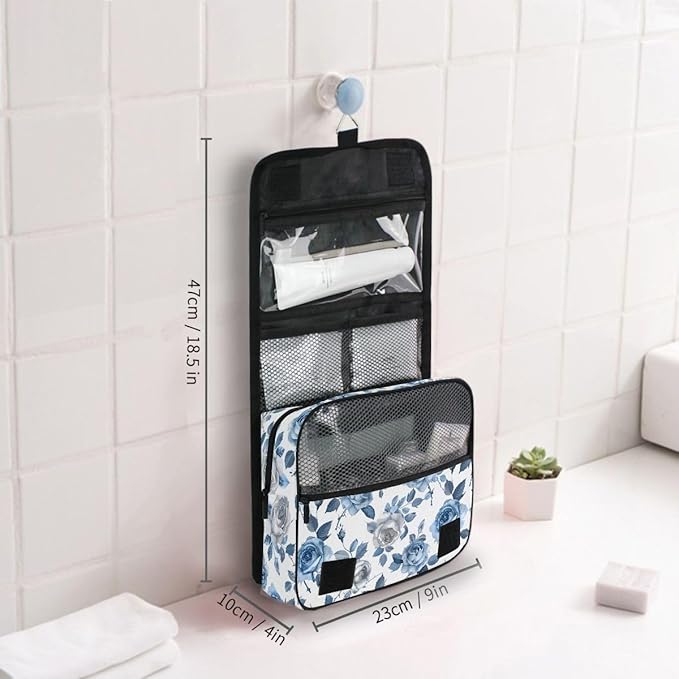 senya Hanging Travel Toiletry Bag Cute Kit Makeup Case Cosmetics Organizer for Men Women (Roses Blue White Pedals)