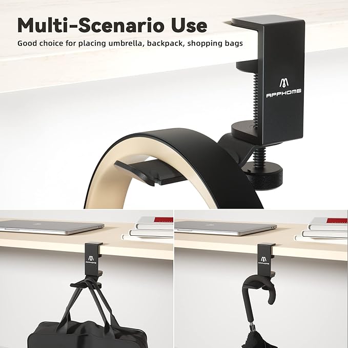 Under Desk Headphone Stand - 360 Degree Rotating Aluminum PC Gaming Headset Holder with Cable Organizer, Adjustable Screw Clamp Hanger for Heavy Headphones, VR Glasses & Bags, Universal Fit