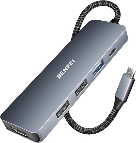 BENFEI USB C Hub 5-in-1 with 4K HDMI(Certified), 100W Power Delivery, 3 USB-A, Silicone Cable, Aluminum Case Compatible with MacBook Pro/Air, iPad Pro, iMac, iPhone 15 Pro/Pro Max, XPS, Thinkpad