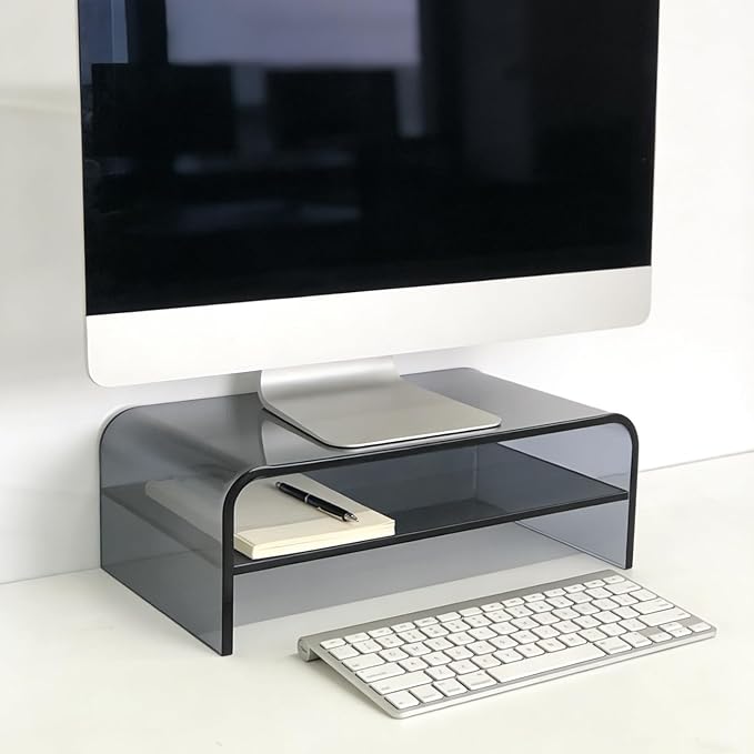 Clear Acrylic 2-Tier Monitor Stand & Desk Organizer - 16"x9.4"x5.5 H Home Office Riser with Keyboard Storage, Fits PC, Laptop, iMac, Printer, TV & Multi-Media Devices (Transparent grey)