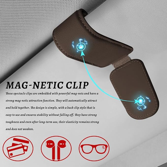 Sunglass Holder for Car, Car Sunglass Holder, Magnetic Leather Sunglasses Holder and Ticket Card Clip, Auto Multi-Functional Sun Visor Eyeglass Holders for SUV Pickup Truck (Brown)