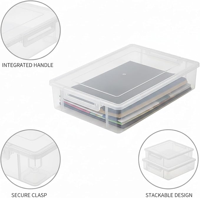 Low-Profile Rectangular File Box with Handle, Transparent PP Plastic Document Organizer for Desktop Storage