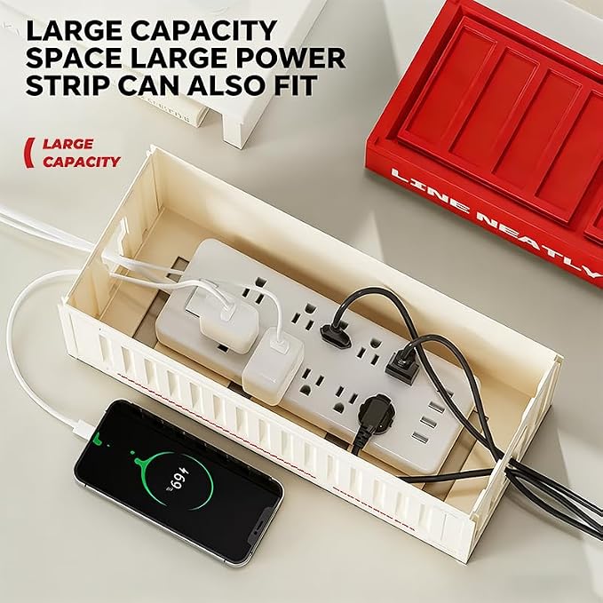 Cable Management Box with Shipping Container Design, Tall Cord Organizer for Desk and Floor, Large HIPS Wire Hider for Power Strip and Surge Protector, Red