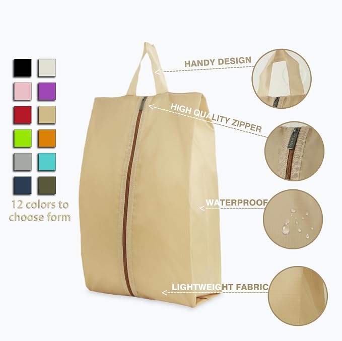 6pcs Portable Shoe Organizer, Travel Pouches with Zipper, Golf Shoe Bags, Clothes Bags, Soccer Cleats Bag Shoe Pouch for Gym, Waterproof, Odor-Resistant (Khaki)