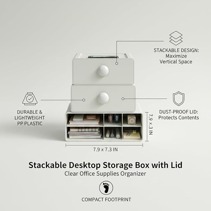 Stackable Desktop Storage Box with Lid, PP Plastic Organizer Bin for Office Desk Clutter, Space Saving File & Supply Container