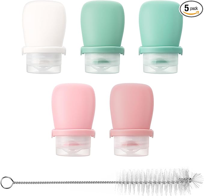 5 Pack 1oz Silicone Travel Bottles, Leak Proof Squeeze Bottle with Brush, Reusable Refillable Lotion Bottle for Toiletries, Shampoo, Conditioner, Lotion, Salad Dressing, Travel-Size Containers
