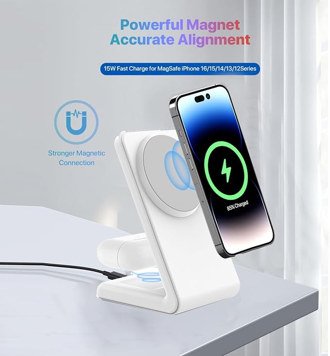 Magnetic Desk Phone Charger 2 in 1 for iPhone and airpod Charging Station, Designed for MagSafe Charger Stand Compatible with iPhone 17/16/15/14/13 Pro Max Series, Airpods 4/3/2/Pro 2,White