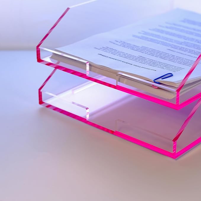 (2pcs Pack) Stackable Pink Acrylic Paper Trays, Desk File Organizer, A4 Paper Holder, Letter Tray