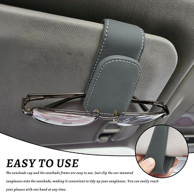 Sunglass Holder for Car, Car Sunglass Holder, Magnetic Leather Sunglasses Holder and Ticket Card Clip, Auto Multi-Functional Sun Visor Eyeglass Holders for SUV Pickup Truck (Grey)