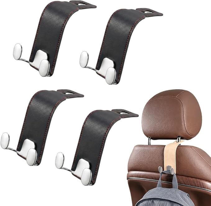 Car Purse Hook, Leather Headrest Hooks for Car, Heavy Duty Car Hooks, Universal Purse Holder for Car Seat, Vehicle Organizer Hanger for Handbag Grocery Bag Backpack Coat (Black-4pcs)