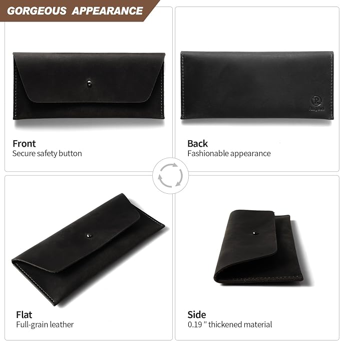 Ringsun Genuine Leather Cash Envelopes, Reusable Budget Envelope, Retro Clutch Wallet, Minimalist Wallet for Men & Women, Black