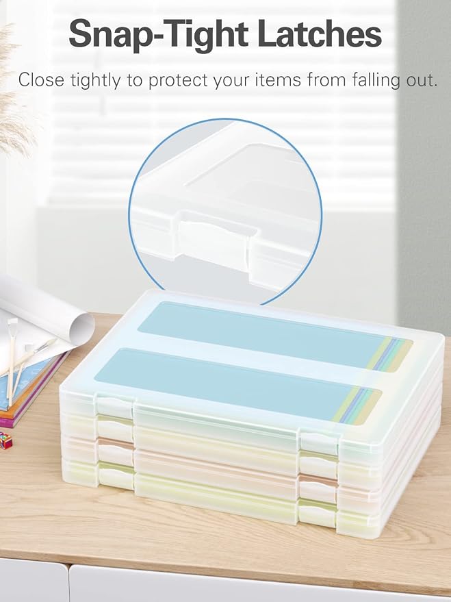 4-Pack A4 Plastic Paper Organizer Box, Scrapbook Storage for 8.5” x 11” Letter Papers, Portable Document Holder, Photo Storage Box Sticker Art Supplies Organizers, 12.2” x 8.9” x 0.7” Inner Size