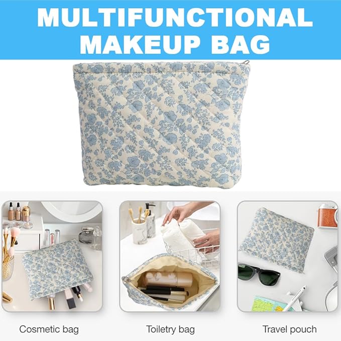 FITINI Makeup Bag Travel Large Portable Quilted Floral Print Cosmetic Organizer Cute Pouch for Women Soft Cotton Zipper Waterproof Toiletry Storage Bags