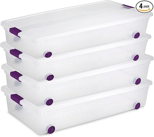 Sterilite 60 Qt ClearView Latch Wheeled Underbed Storage Box, Stackable Bin with Lid, Plastic Container to Organize Underbed, Clear Base, Lid Sweet Plum (Pack of 4)