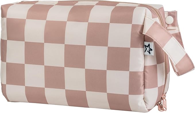 Tiny Twinkle Waterproof Travel Toiletry & Makeup Bag Organizer | Makeup Pouch with Multiple Compartments & Snap Handle for Travel | Gift for Teen Girls and Women（Beige Checkers