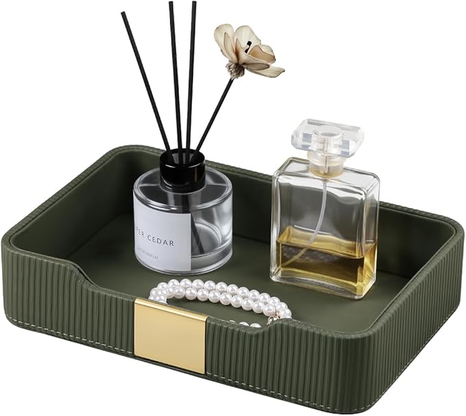Valet Tray Desktop Storage Organizer, PU Leather Catchall Bedside Vanity Tray with Brass Accents Block Nightstand Organizer for Keys Watch Wallet Phone, Decorative Nightstand Storage (Green)
