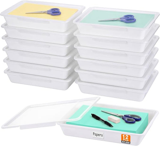 Tinlade 12 Pcs Classroom Paper Storage Bins with Clear Latching Lid, Label Stackable Letter Size Flat Tray Container for Teacher Back to School Supplies Home Office Desk Arts Crafts (White,13x10in)