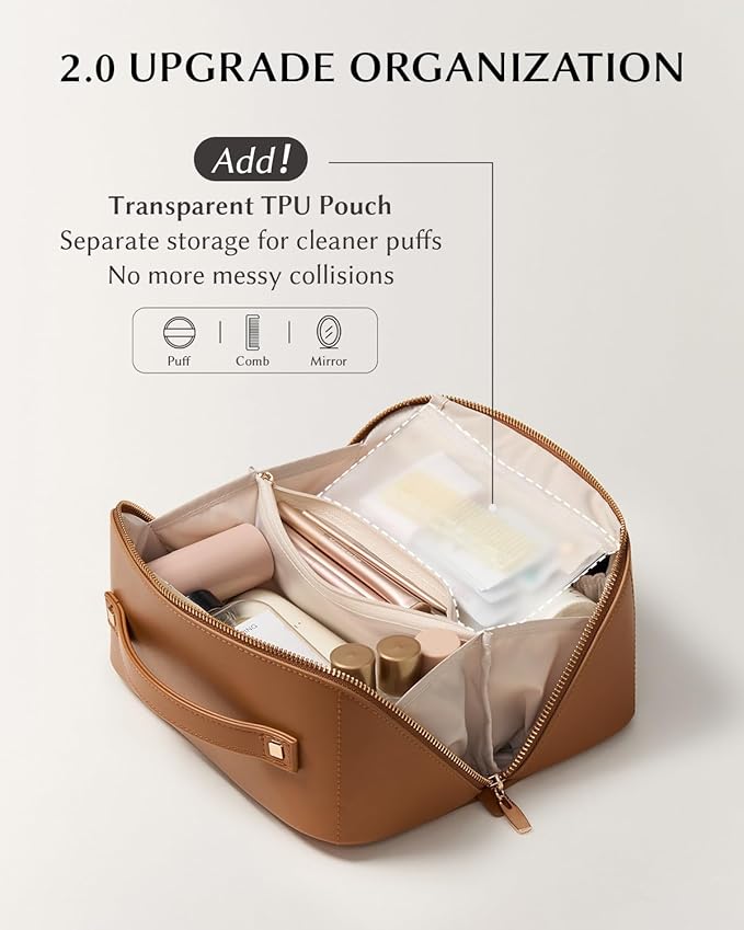 EACHY Travel Makeup Bag, Large Capacity Cosmetic Bag for Women, Waterproof PU Leather, Flat Open Portable Toiletry Bag for Skincare, Brushes & Travel Essentials