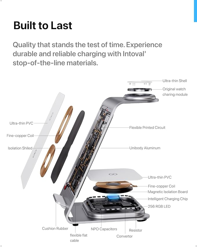 Intoval Aluminum 3 in 1 Wireless Charging Station for iPhone 17 16 15 14 13 12 11 Pro Max XR, Wireless Charger for Apple Watch 11 10 9 8 7 Ultra SE 3 2, Phone Charger for AirPods 4 Pro 2 3 (Silver)