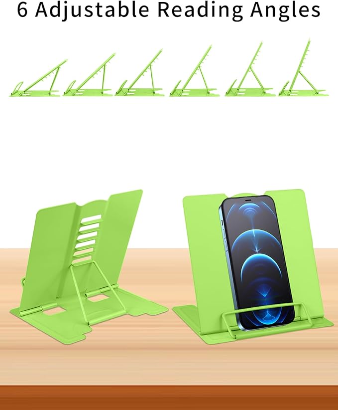 MSDADA Small Desk Book Stand Metal Reading Rest Book Holder Adjustable Cookbook Documents Holder Portable Sturdy Bookstands for Recipes Textbooks Tablet Music Books(Green)