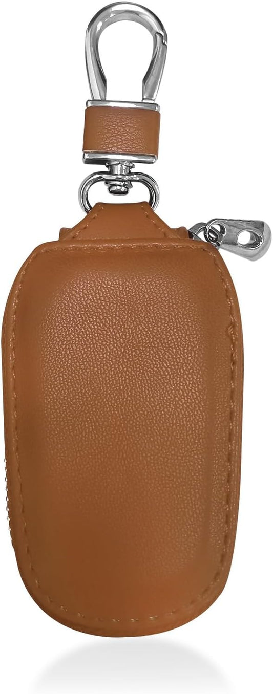 Car Key Case - Genuine Leather Auto Fob Protector, Universal Cover With Metal Hook, Smart Keychain Holder for Remote, Vehicle Keyring Zipper Bag (Brown)