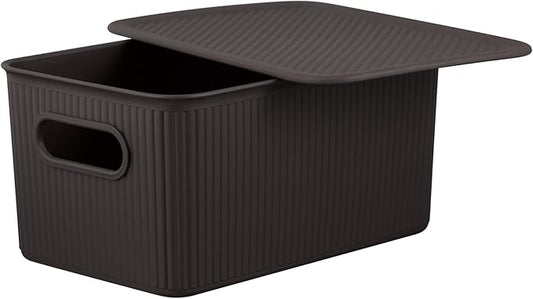 Decorative Plastic Basket Lidded Home Storage Bins Organizer Baskets, Medium Brown (1 Pack - 5 Liter) Stackable Container Box, for Organizing Closet Storage Bins for Shelves - Ribbed Collection