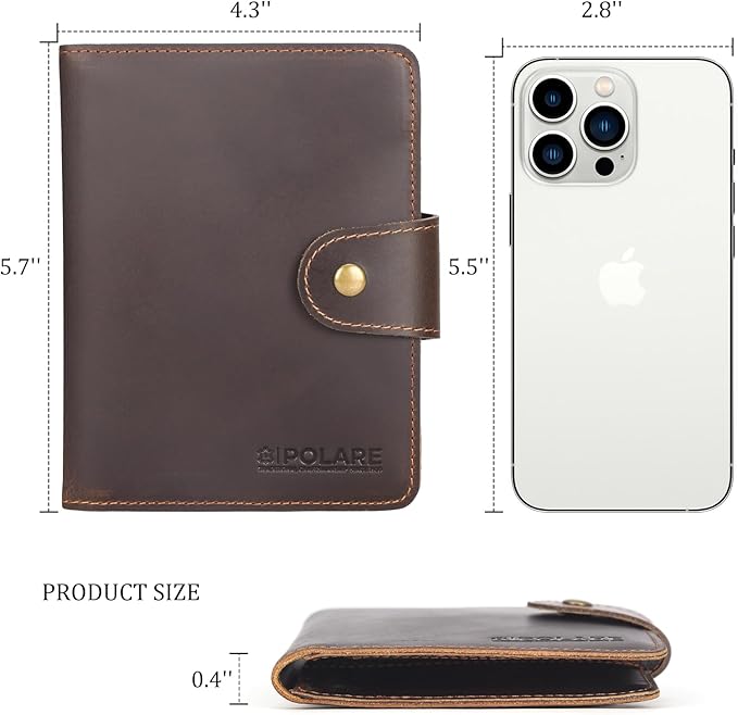 Polare Full Grain Leather Slim and Soft RFID Blocking wallet For Men Snap Bifold Travel Wallet Passport Holders 2 Passports (Dark Brown with AirTag Slot)