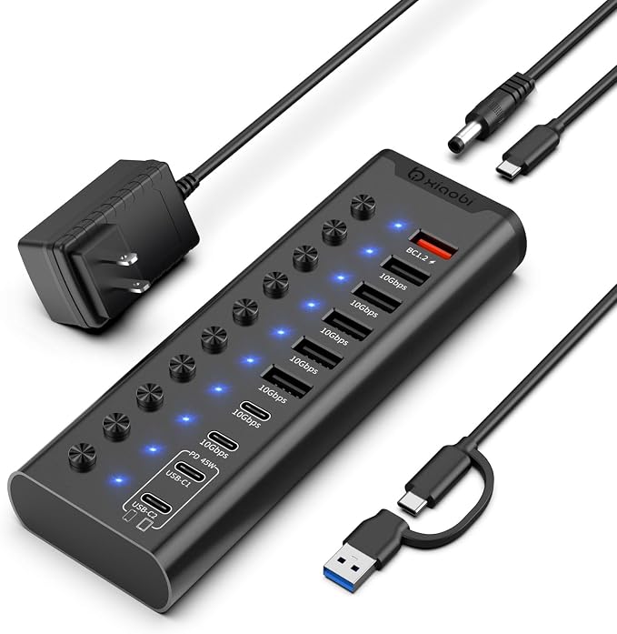 Powered USB Hub, 10-Port USB C Hub with 5*USB-A 3.2 and 2*USB-C 3.2 Ports, BC1.2&2*PD 45W Charging Ports Individual Switches and 24V/3A Power Adapter, USB Extension for PC and More(Black).