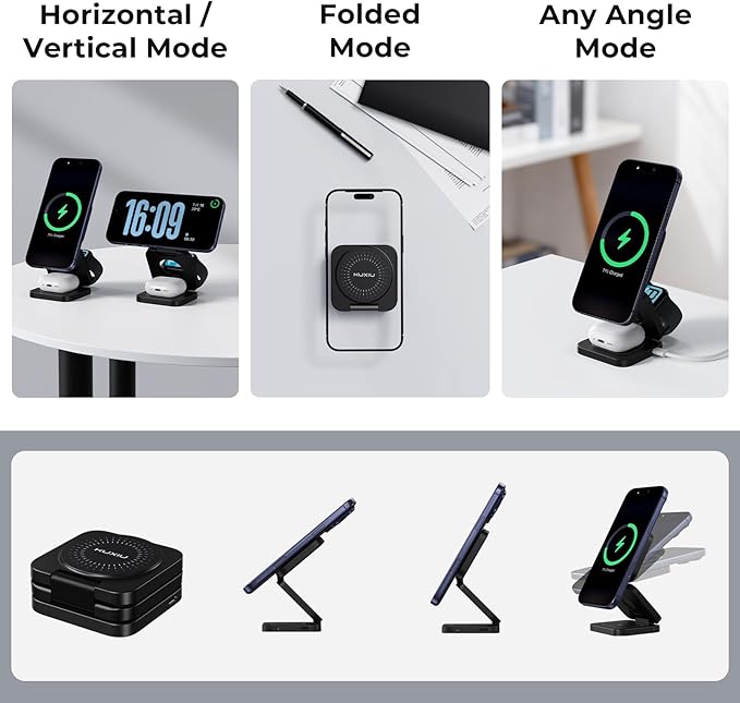 KU XIU X55 Turbo Qi 2.2 25W 3-in-1 Charging Station for Apple Device, Foldable Magnetic Charger for iPhone 17/16, 5W for Apple Watch & AirPods, Fast Travel Wireless Charging Stand with 45W Adapter