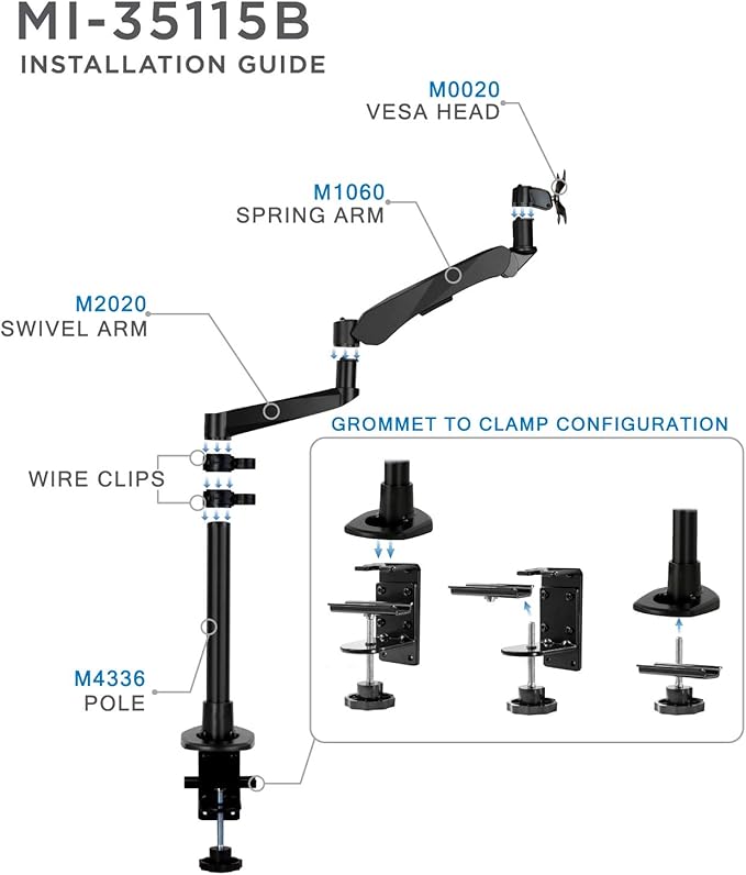 Mount-It! Premium Modular Monitor Desk Mount Arm Stand | Full Motion Gas Spring Arm Fits 19 21.5 24 27 32 Inch Computer Screens with 75 100 VESA Patterns | C-Clamp and Grommet Bases | Black