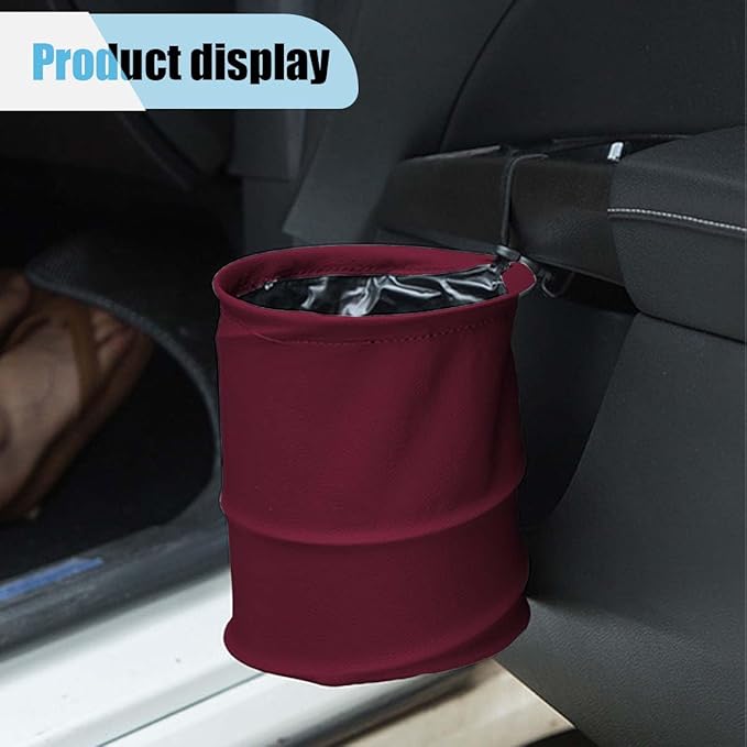 Collapsible Trash Can Car Garbage Bag - Leather Pop-up Car Trash Bin with Elastic Band - Hanging Foldable Garbage Can Vehicle Waste Basket Bin - Double-Layer Washable Bag for Cars Camping (Red)