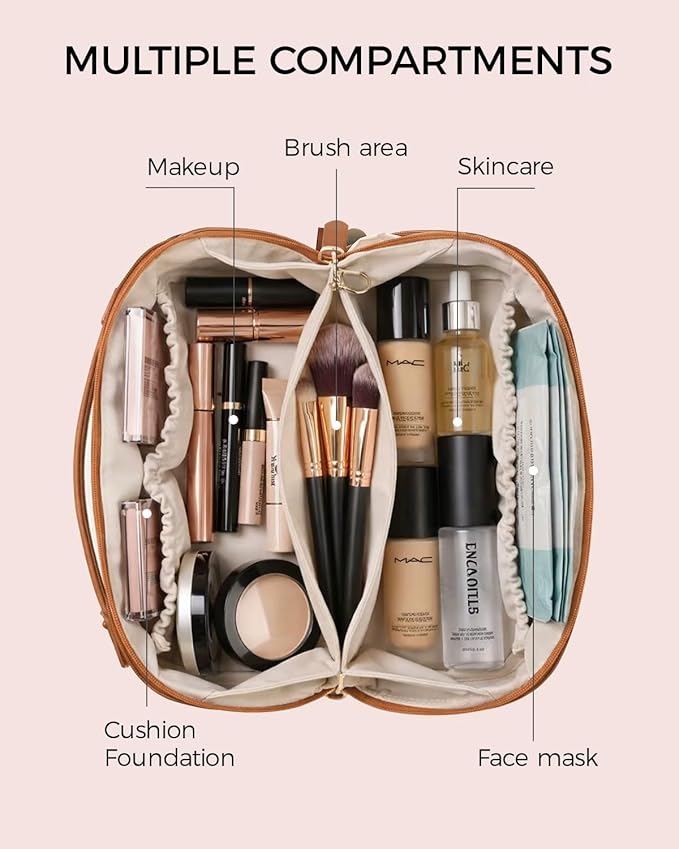 Travel Makeup Bag Organizer with TSA Approved Clear Pouch, Large Capacity Cosmetic Case with 180° Wide Open Design, Portable Toiletry Bag with Dividers for Brushes & Toiletries
