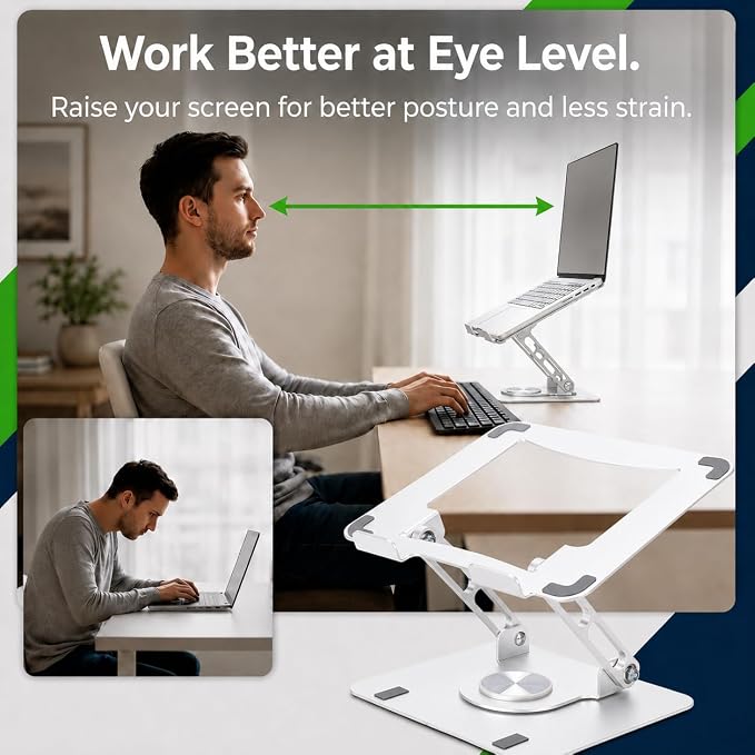 Uncaged Ergonomics Swivel Laptop Stand for Desk, Adjustable Computer iPad Stand for Desk w/ 360 Rotation, Portable Laptop Holder for Home Office Ergonomic Supplies (Pearl White)