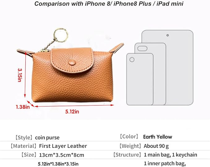Small Genuine Leather Coin Purse with Keychain, Earth Yellow Zipper Change Pouch for Women, Soft Mini Wallet Organizer for Cash Coins Cards, Compact Keychain Wallet for Purse Backpack