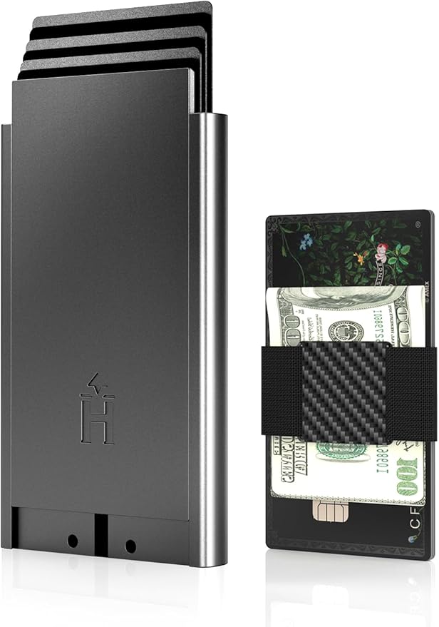 Slim Minimalist Wallet for Men with Elastic Cash Strap - Low Profile Aluminum Swipe Pop up Card Holder Wallet, RFID Protected Front Pocket Metal Wallet for Men, Gifts for Men Him