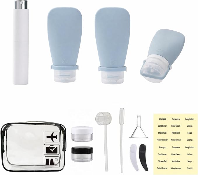 13pcs Travel Size Bottles Set with Bag, TSA Approved Silicone Travel Toiletries Containers with 4-Way Leak-Proof Design with Silicone Strap, Perfume Atomizer, Travel Essentials for Men Women