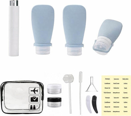 13pcs Travel Size Bottles Set with Bag, TSA Approved Silicone Travel Toiletries Containers with 4-Way Leak-Proof Design with Silicone Strap, Perfume Atomizer, Travel Essentials for Men Women